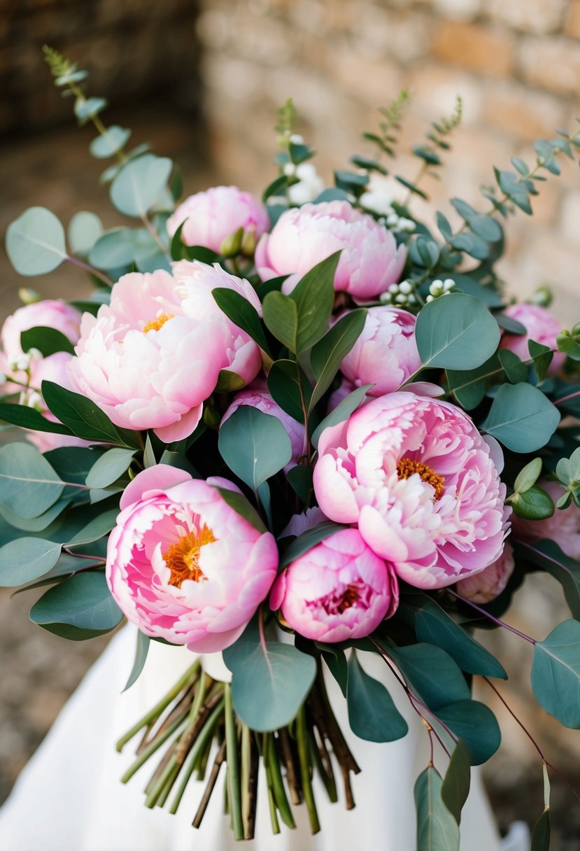 A lush bouquet of pink peonies and eucalyptus leaves, arranged in a classic wedding style