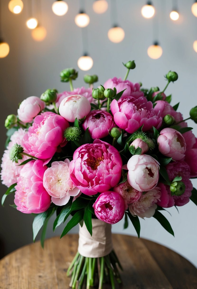 A lush bouquet of pink peonies and ranunculus, arranged in a romantic and elegant manner