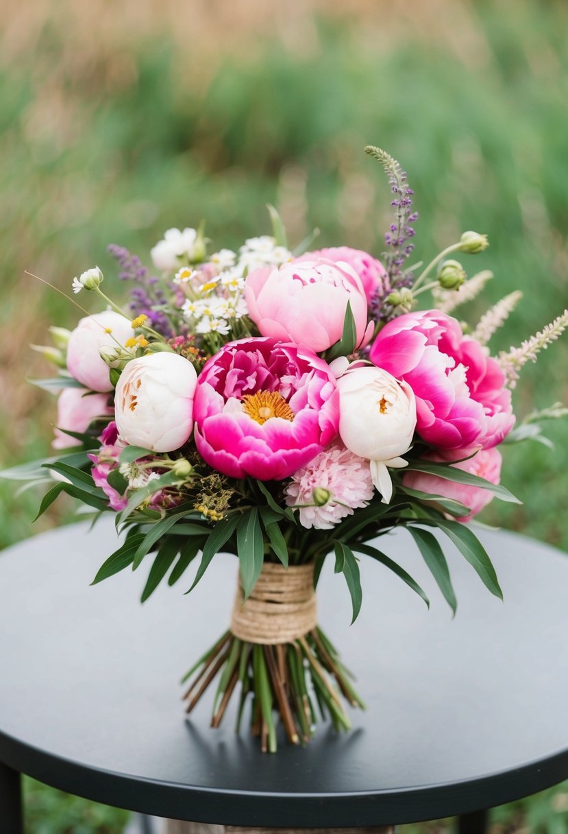 A boho-style bouquet with pink peonies and wildflowers