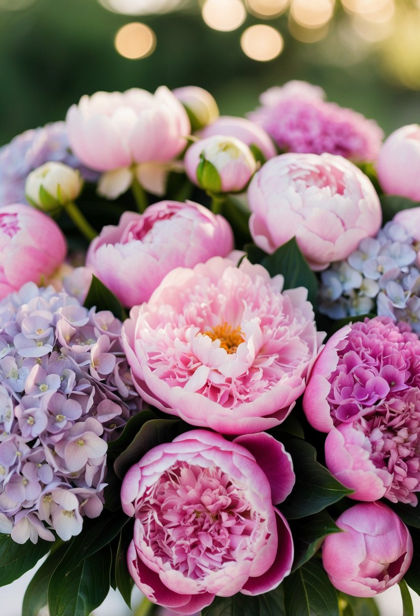 A lush bouquet of pink peonies and hydrangeas, arranged in an elegant and romantic style