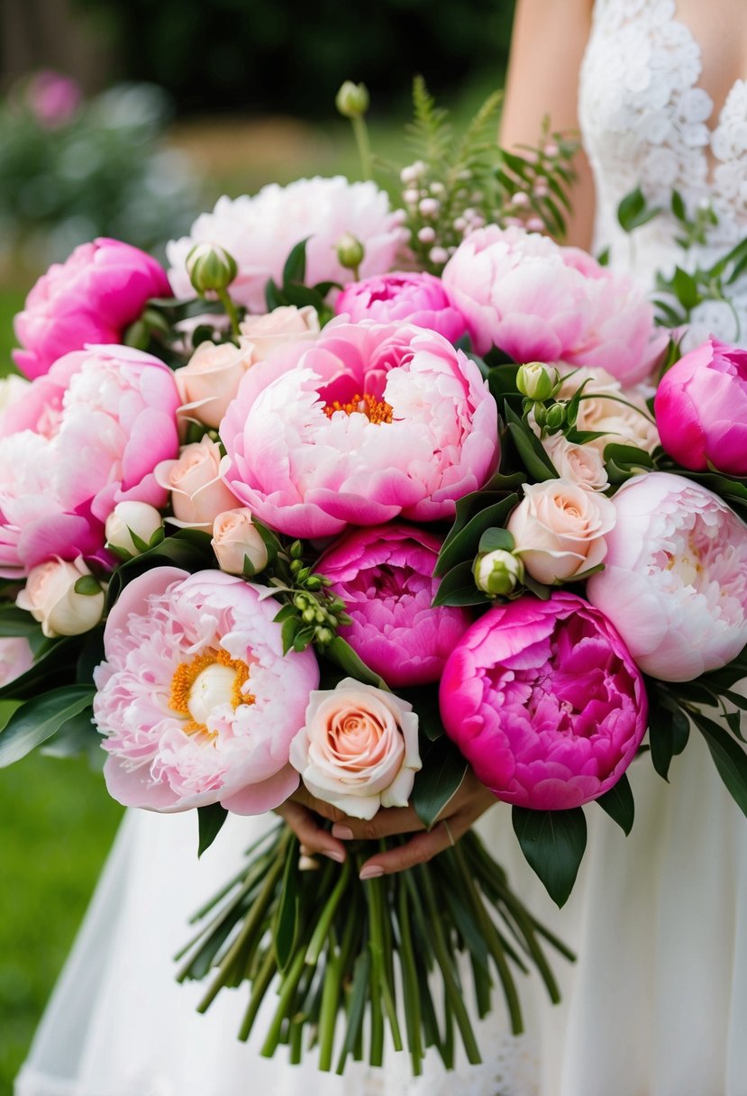 A lush bouquet of pink peonies and garden roses, arranged in a delicate and romantic wedding bouquet