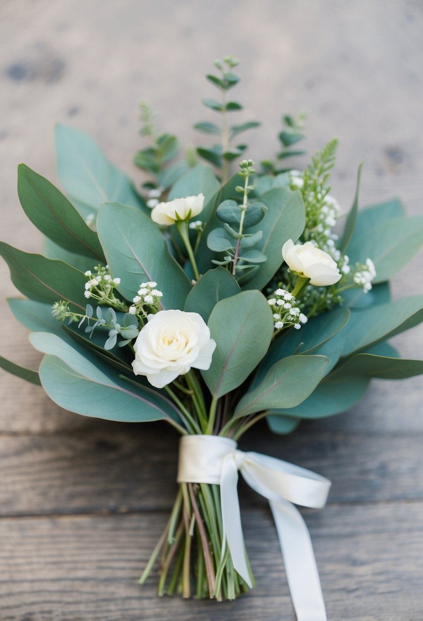 A simple, elegant wedding bouquet featuring fresh eucalyptus leaves, accented with small white flowers and tied with a delicate ribbon