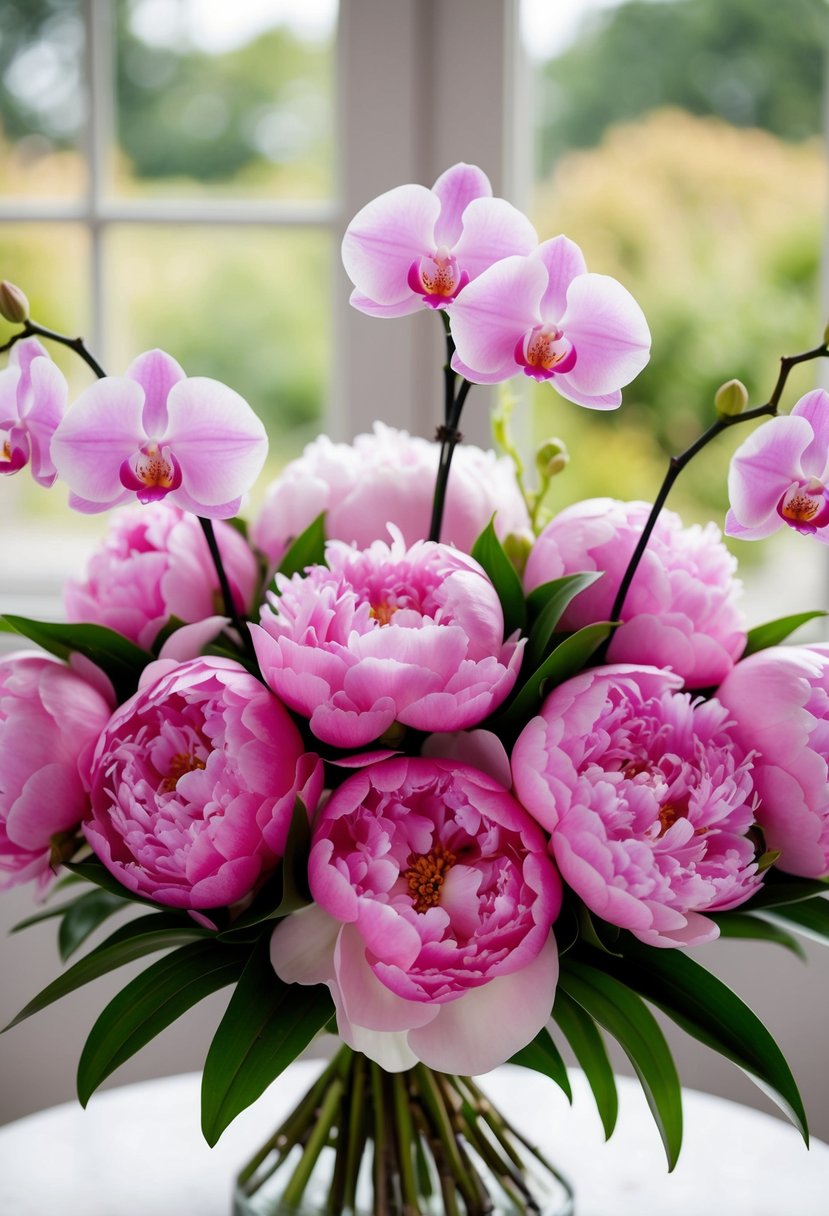 A lush bouquet of pink peonies and delicate orchids arranged in a formal style