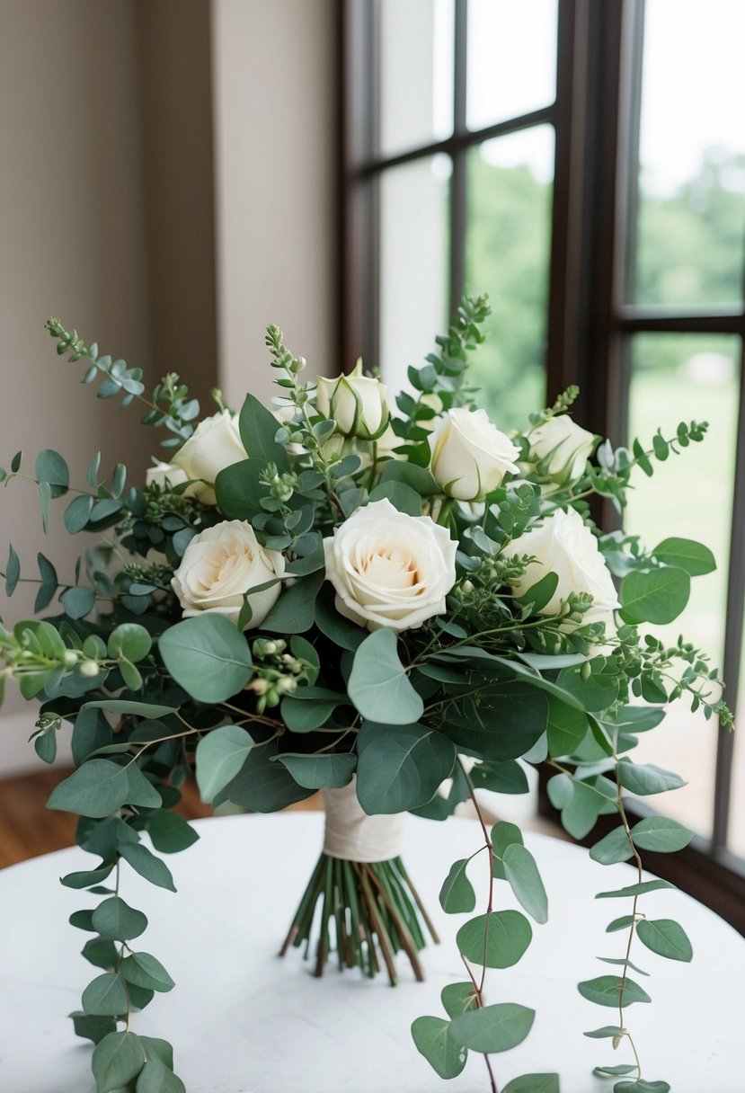 A lush bouquet of seeded eucalyptus and white roses, elegantly arranged with cascading greenery