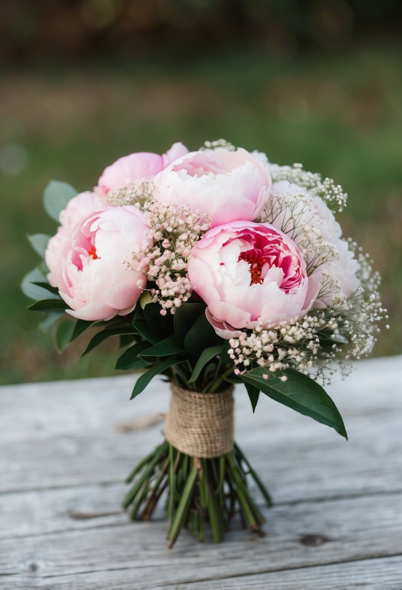 A rustic bouquet of pink peonies and delicate baby's breath