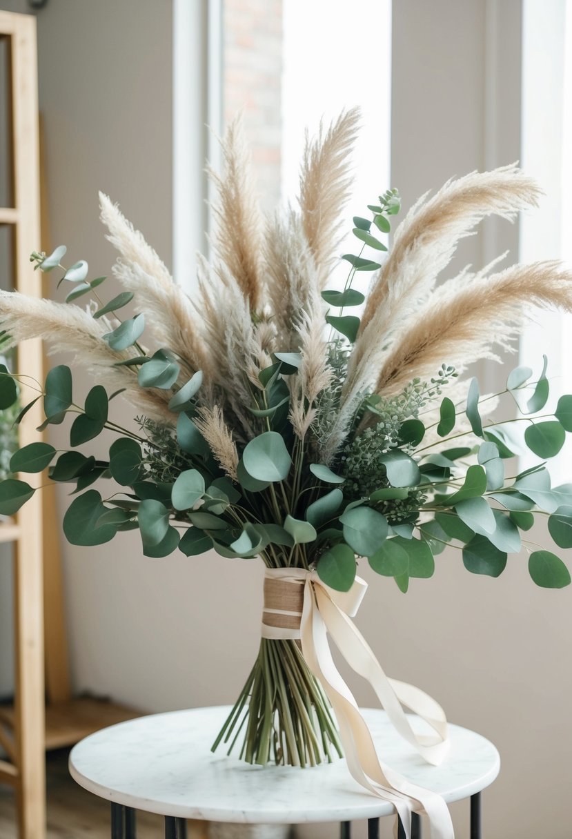 A lush bouquet of eucalyptus and pampas grass, tied with flowing ribbons, displayed in a bohemian setting with soft, natural lighting