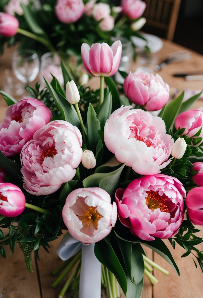 A lush bouquet of pink peonies and tulips, arranged in a spring wedding theme