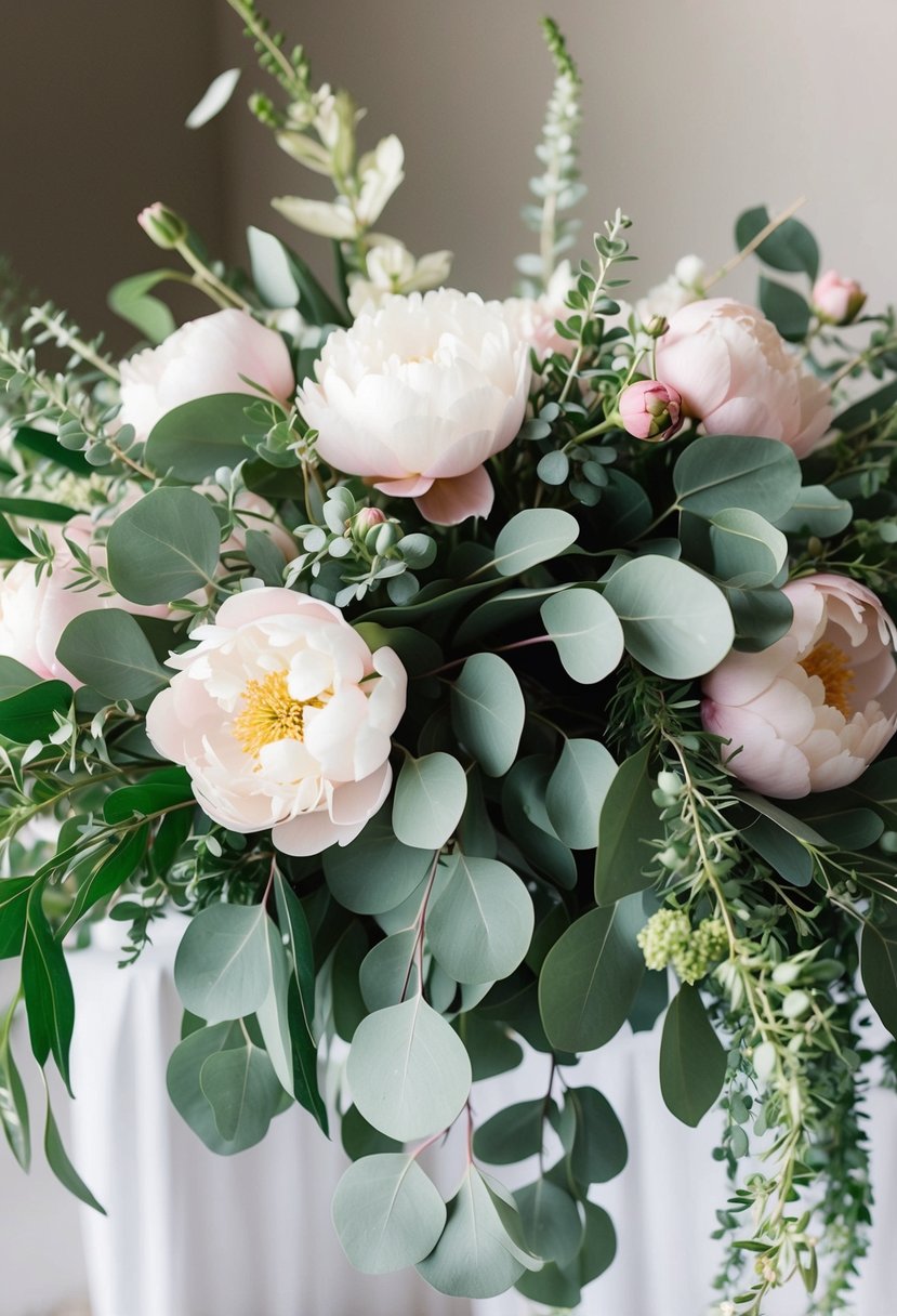 A lush bouquet of silver dollar eucalyptus and peonies, cascading elegantly with delicate greenery and soft pink blooms