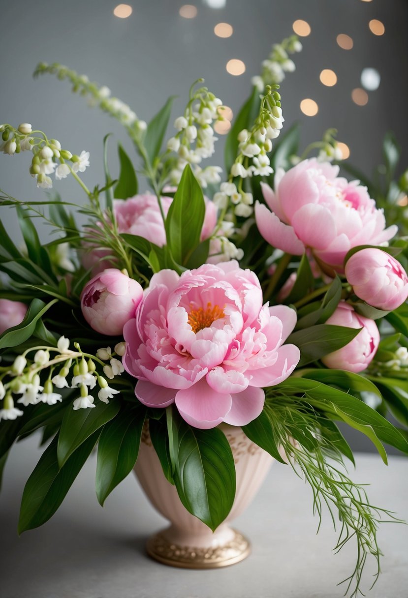 A lush bouquet of pink peonies and lily of the valley, with delicate greenery, arranged in a vintage-inspired vase