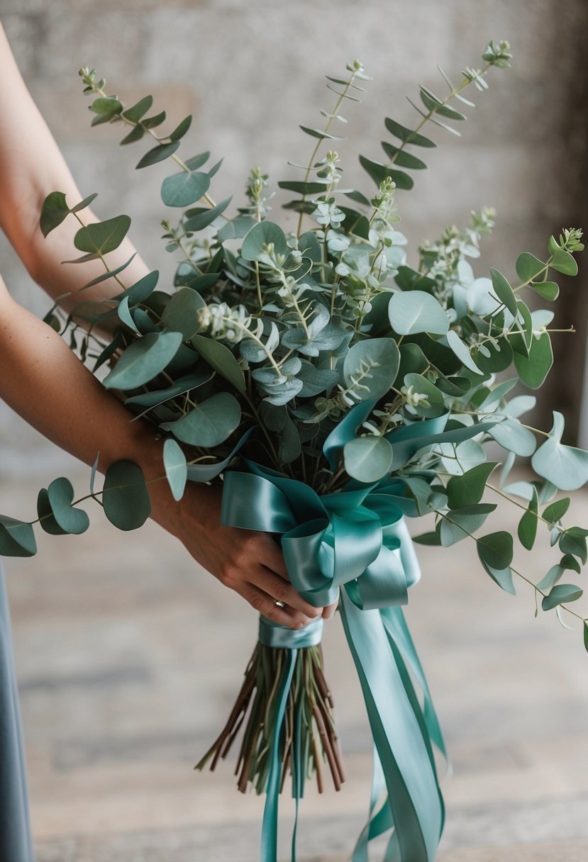 A hand-tied bouquet of trailing eucalyptus adorned with flowing silk ribbons