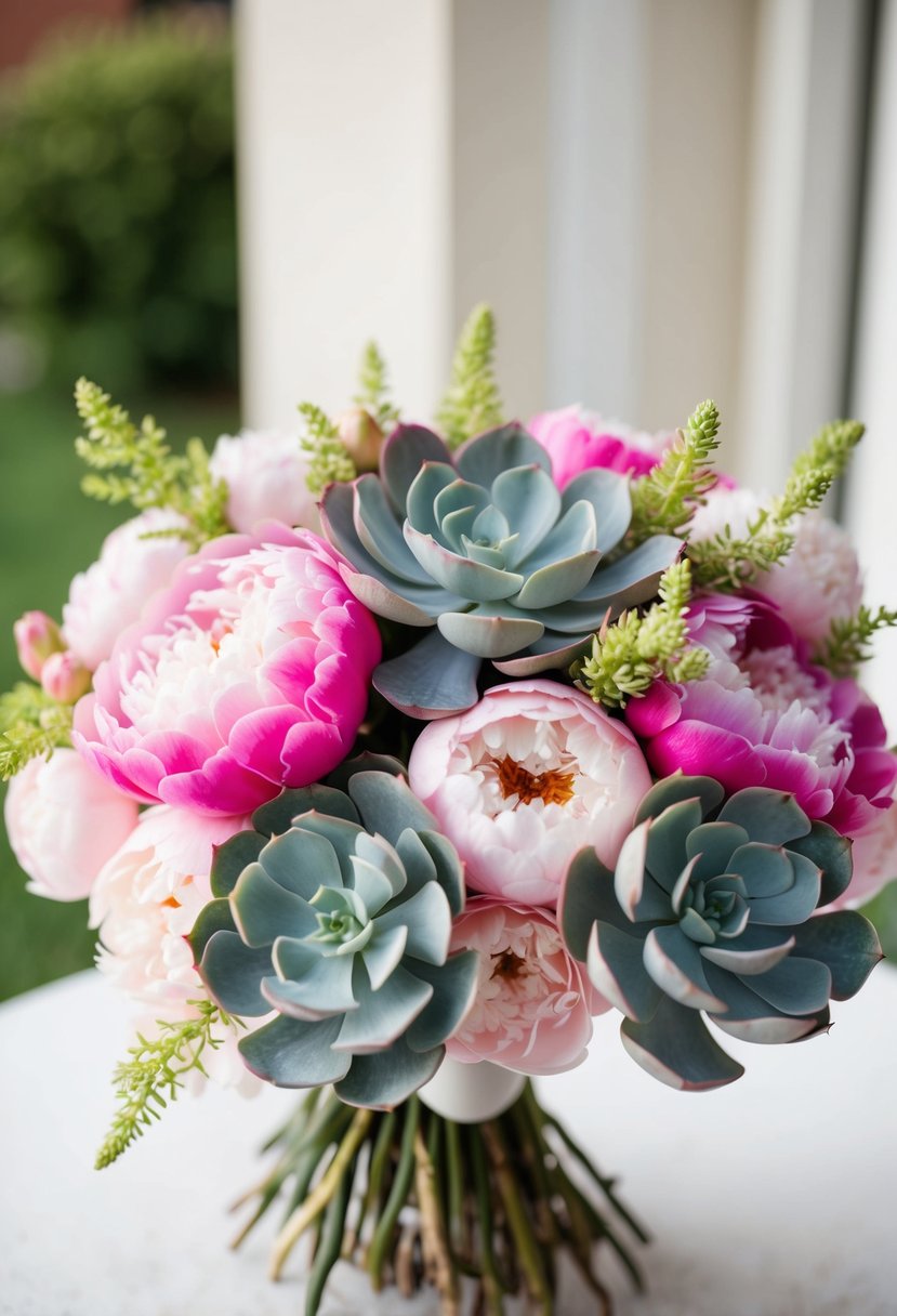 A chic bouquet featuring lush pink peonies and delicate succulents, perfect for a wedding celebration