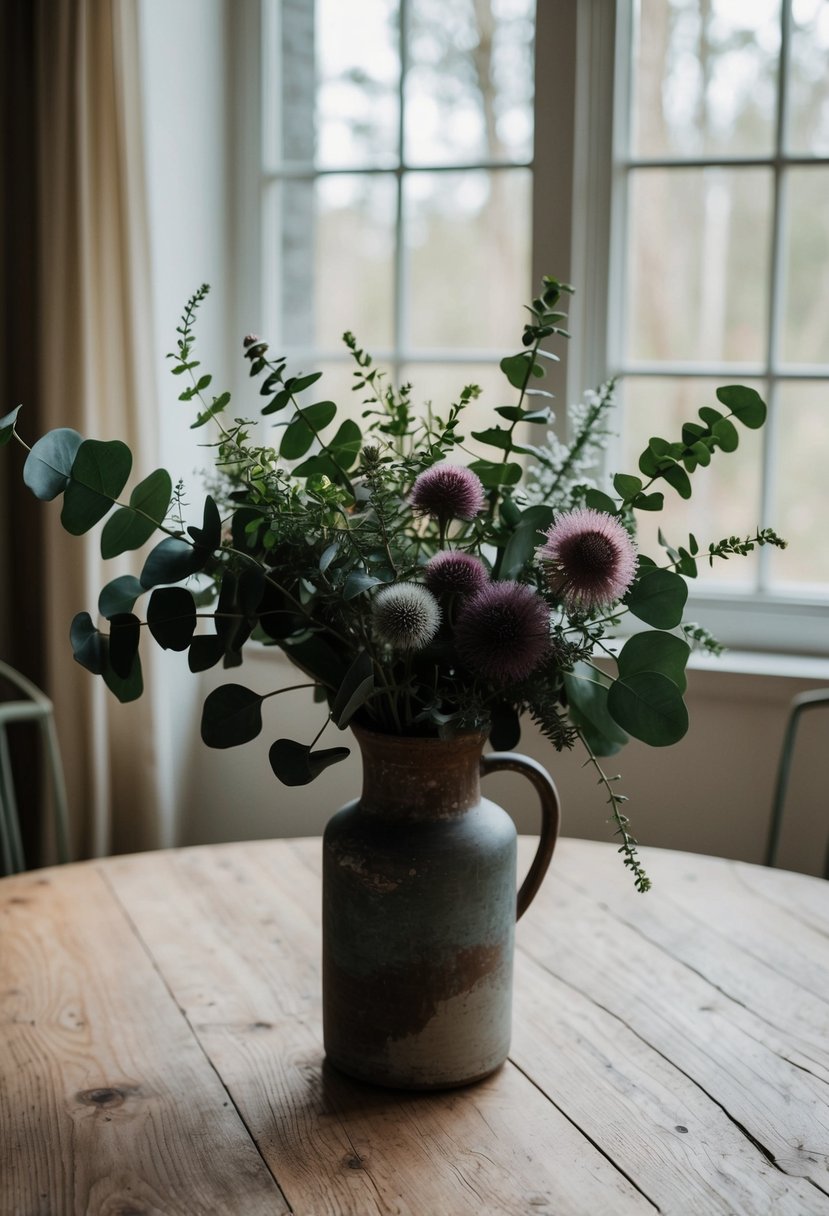 A moody wildflower and eucalyptus bouquet arranged in a rustic vase on a wooden table, with soft natural light filtering through a nearby window