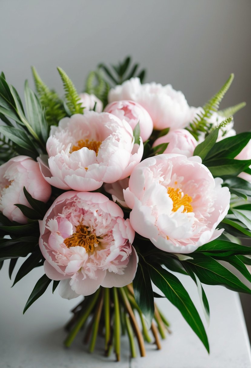 A lush bouquet of pale pink peonies with green salal accents