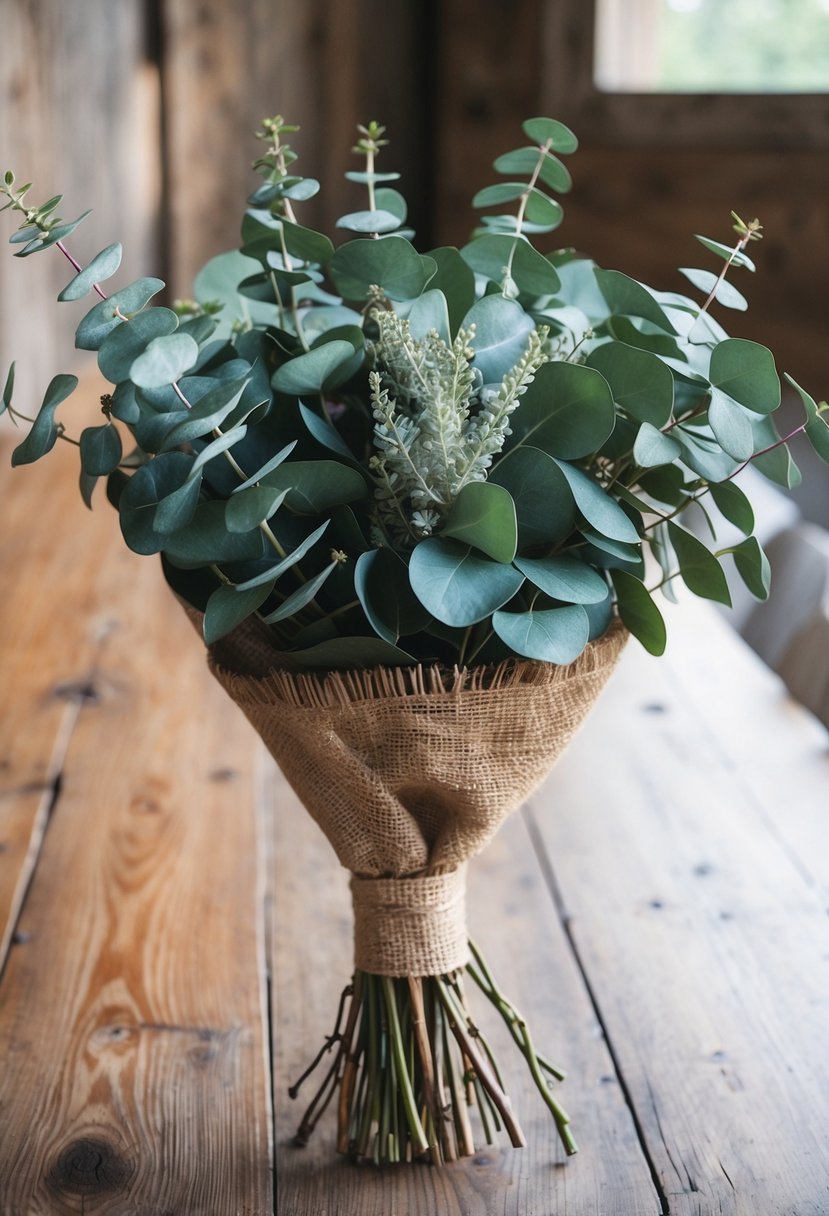 A bouquet of eucalyptus and burlap wrap sits on a wooden table in a rustic setting