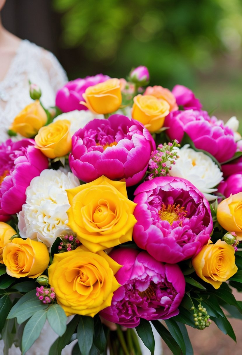 A vibrant bouquet of bold peonies and yellow roses, with hints of pink, arranged in a beautiful wedding bouquet