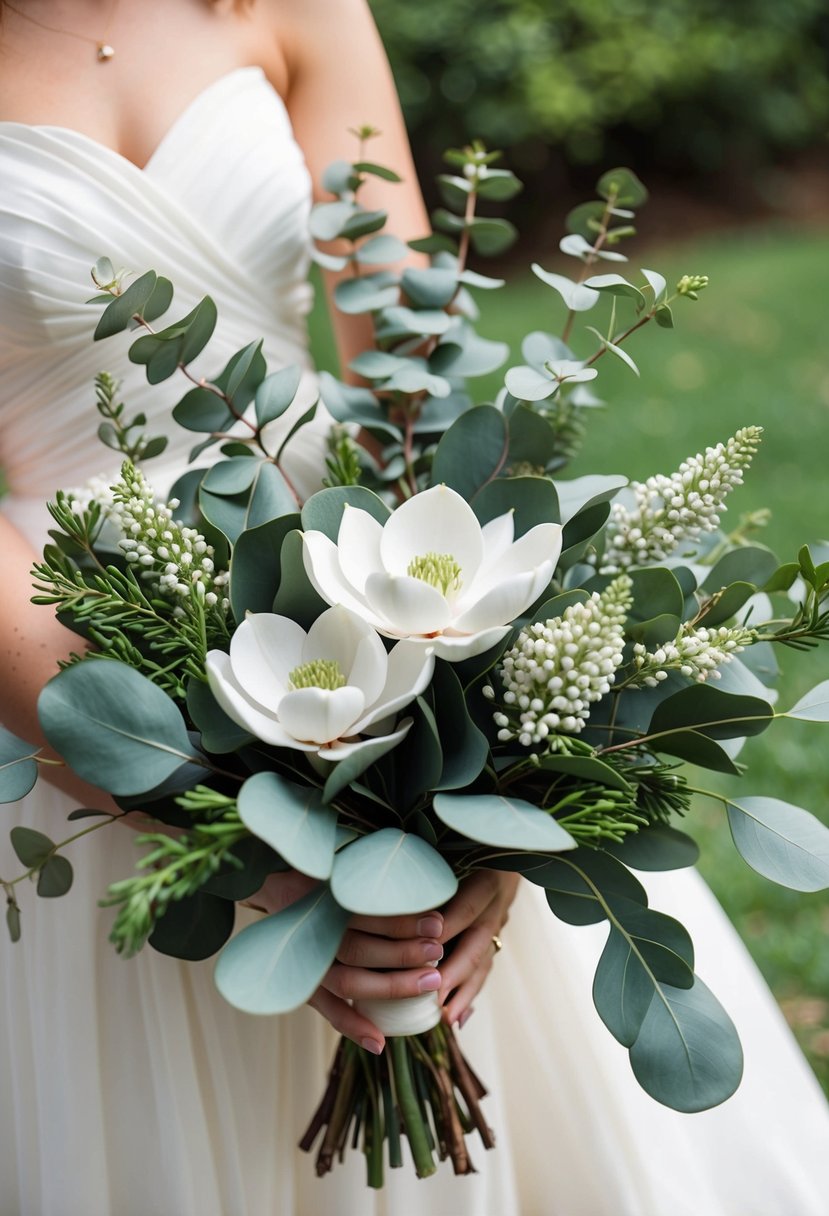 A lush eucalyptus and mini white magnolia wedding bouquet, with delicate clusters of flowers and greenery intertwined in a natural, organic arrangement