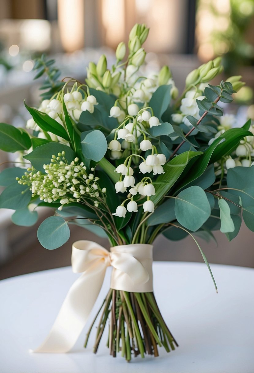 A lush wedding bouquet of fragrant eucalyptus and delicate Lily of the Valley, tied with a satin ribbon