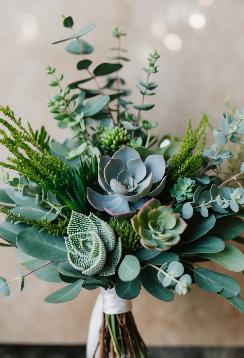 A modern wedding bouquet featuring eucalyptus and succulents, with delicate greenery and textured foliage arranged in a stylish and elegant composition