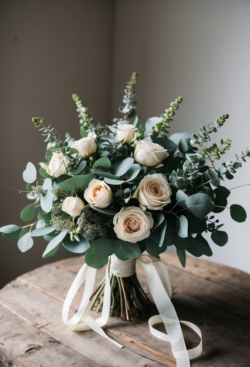 A lush bouquet of eucalyptus and garden roses, intertwined with delicate ribbons, sits atop a rustic wooden table