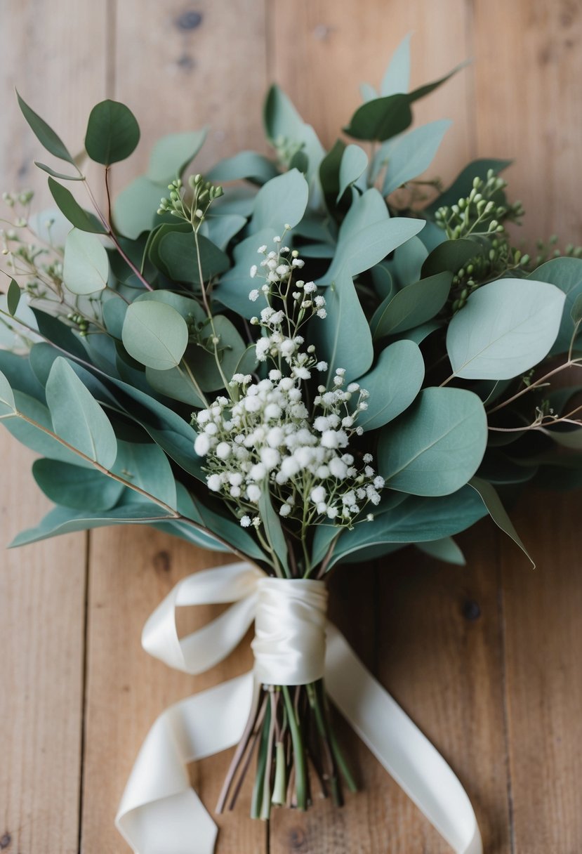 A vintage-inspired wedding bouquet featuring delicate eucalyptus leaves and sprigs of baby's breath, wrapped in a soft, flowing ribbon