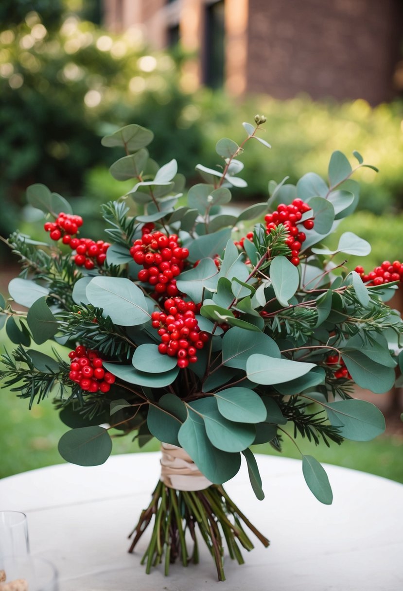 A lush eucalyptus bouquet with vibrant red berries, perfect for a festive wedding celebration