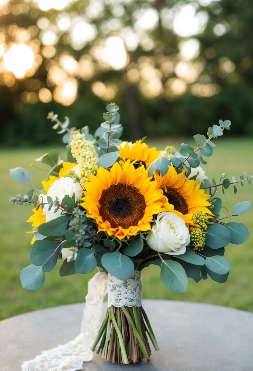 A rustic wedding bouquet with sunflowers, dahlias, and eucalyptus, tied with lace ribbon