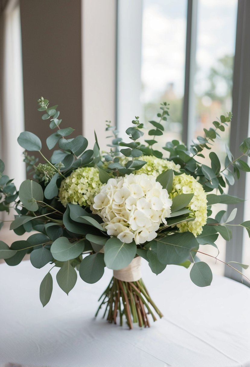 A stunning bouquet of eucalyptus and hydrangeas arranged in a chic and elegant style