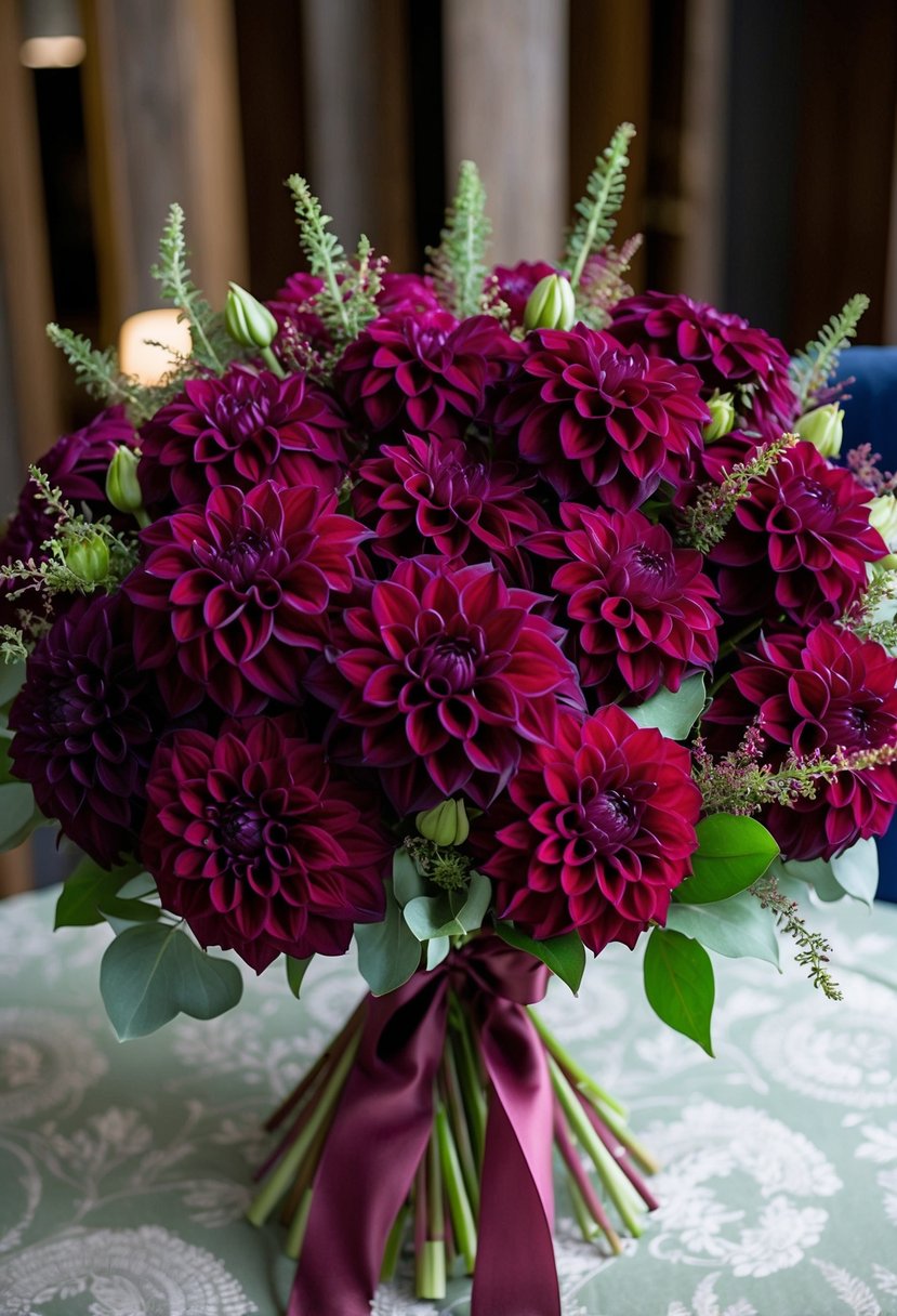 A lush bouquet of dahlias in deep burgundy hues, accented with delicate greenery and tied with a satin ribbon