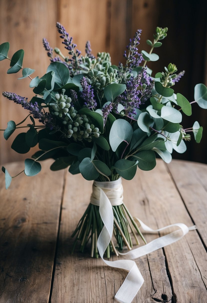 A whimsical bouquet of eucalyptus and lavender, intertwined with delicate ribbons, sits atop a rustic wooden table