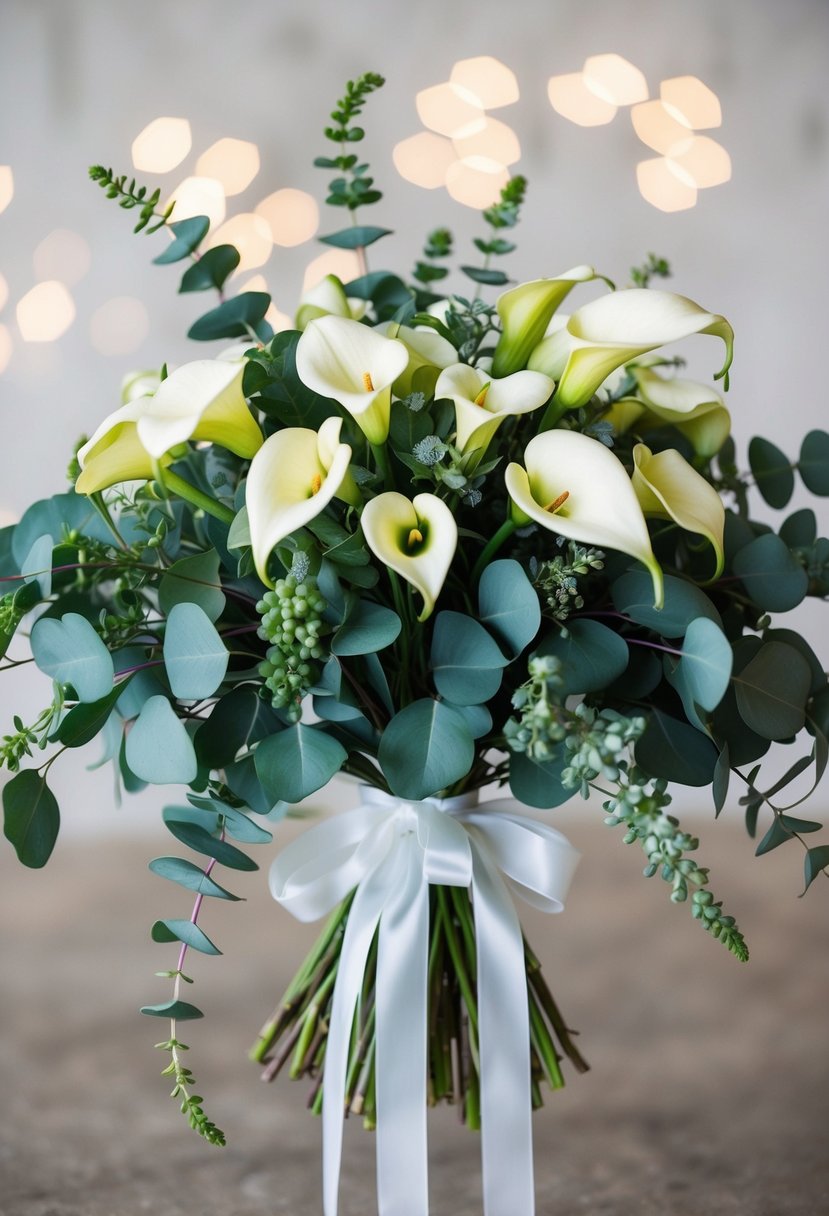 A lush, cascading bouquet of fragrant eucalyptus and elegant calla lilies, tied with a delicate ribbon