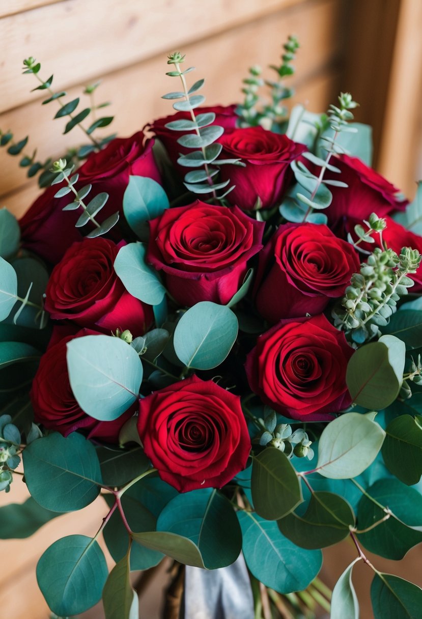 A lush bouquet of red roses and green eucalyptus leaves intertwined