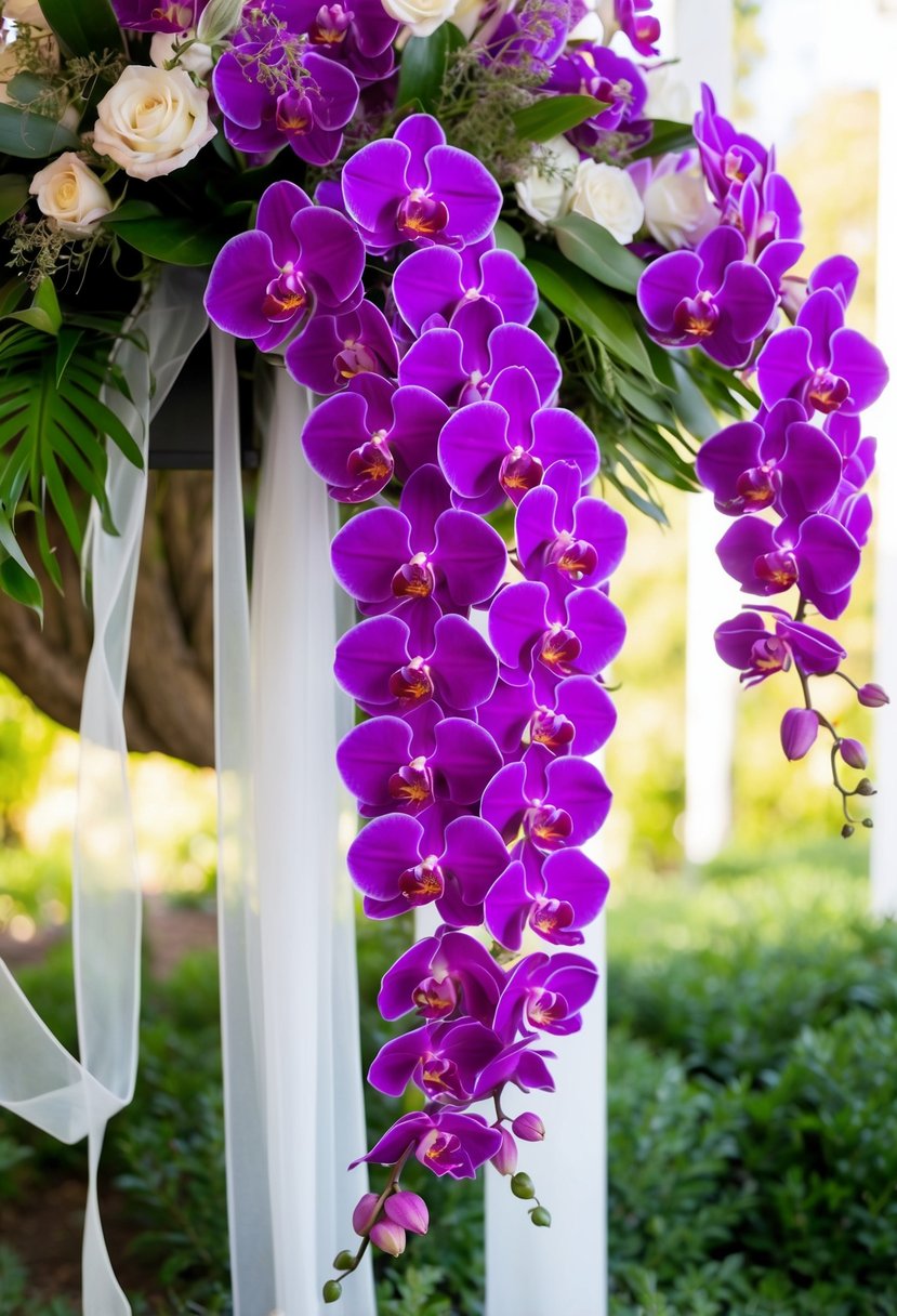 A cascading bouquet of vibrant orchids in shades of purple and white, accented with lush greenery and delicate ribbons