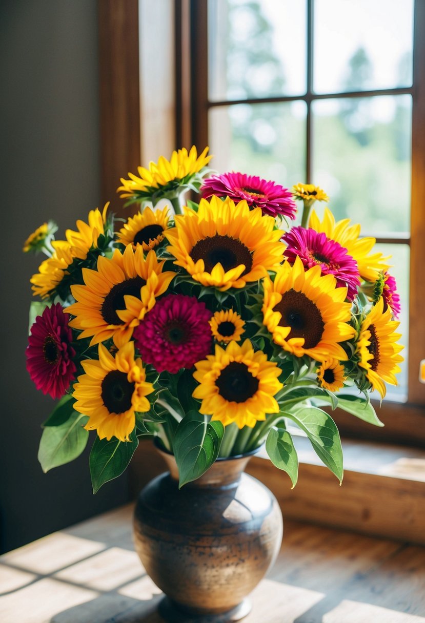 A vibrant bouquet of zinnias and sunflowers arranged in a rustic vase, with soft sunlight streaming through a window