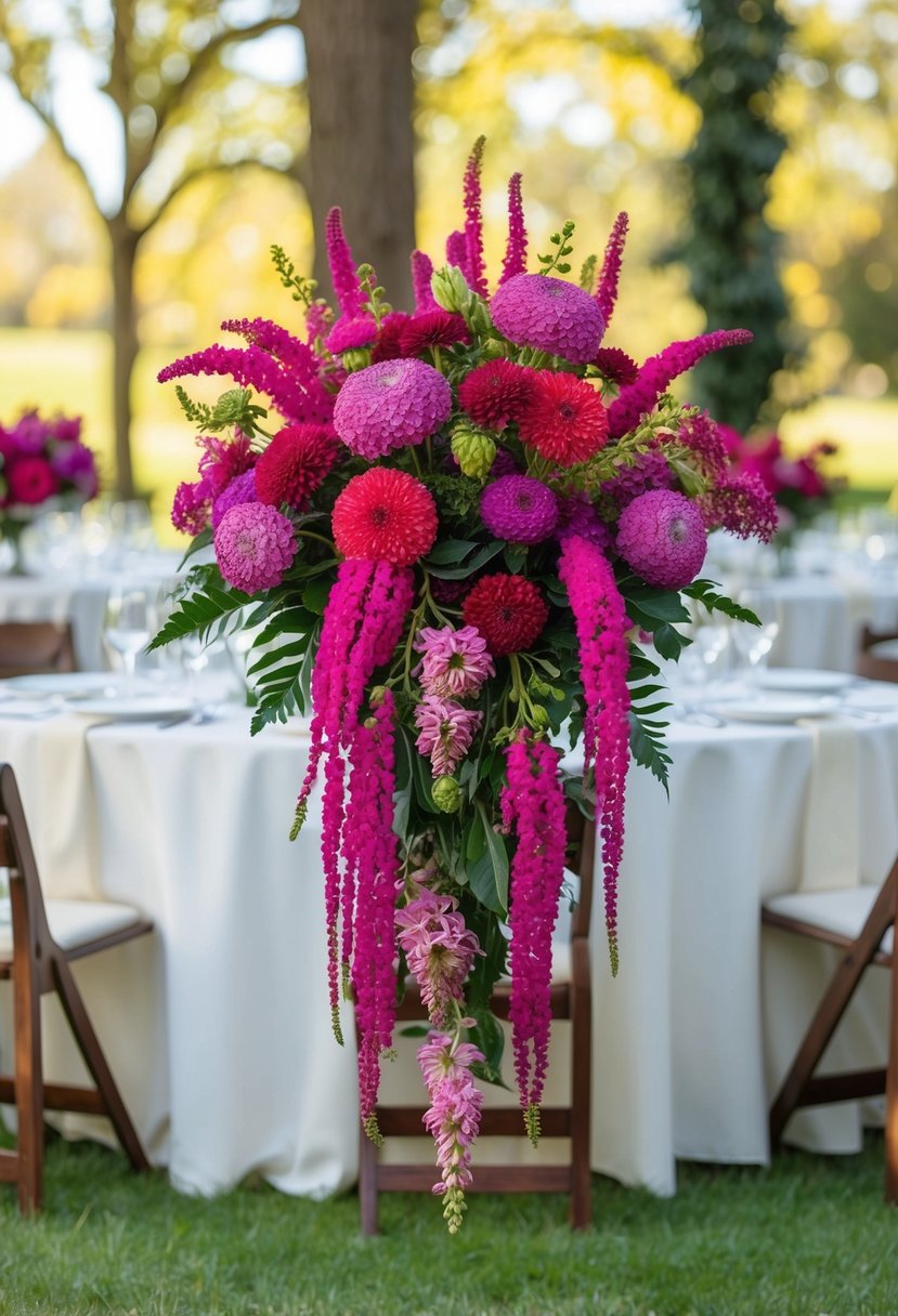 An elegant bouquet of vibrant amaranthus and chrysanthemums arranged in a cascading style, perfect for a September wedding