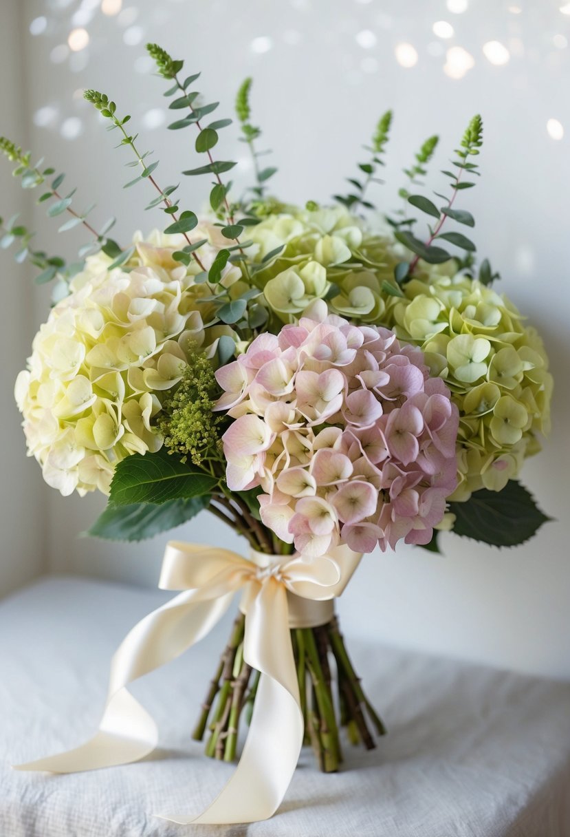 A delicate bouquet of hydrangeas in pastel shades, accented with greenery and tied with a satin ribbon