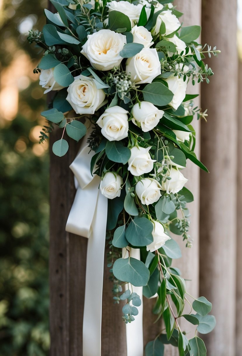 A cascading wedding bouquet with white roses, eucalyptus, and trailing greenery, tied with a satin ribbon