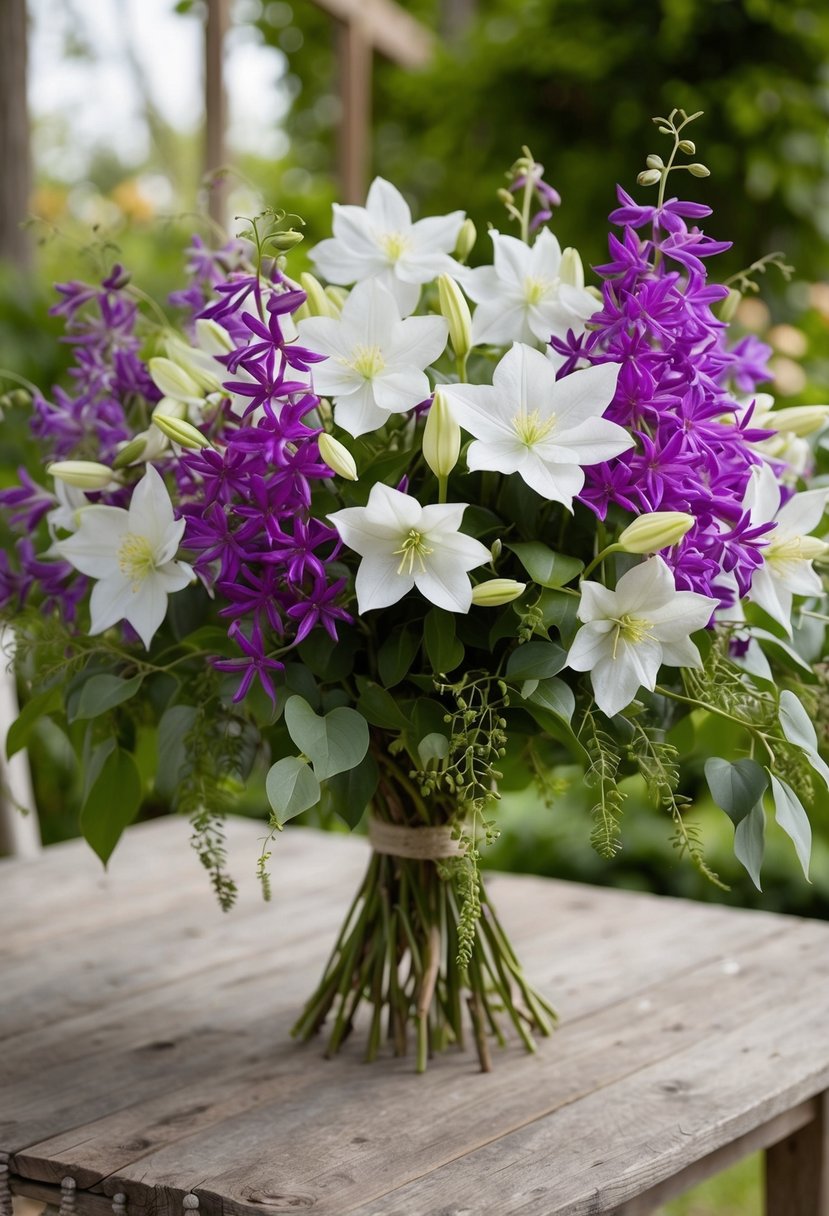 A lush bouquet of white and purple Clematis sprays, accented with delicate greenery, sits on a rustic wooden table