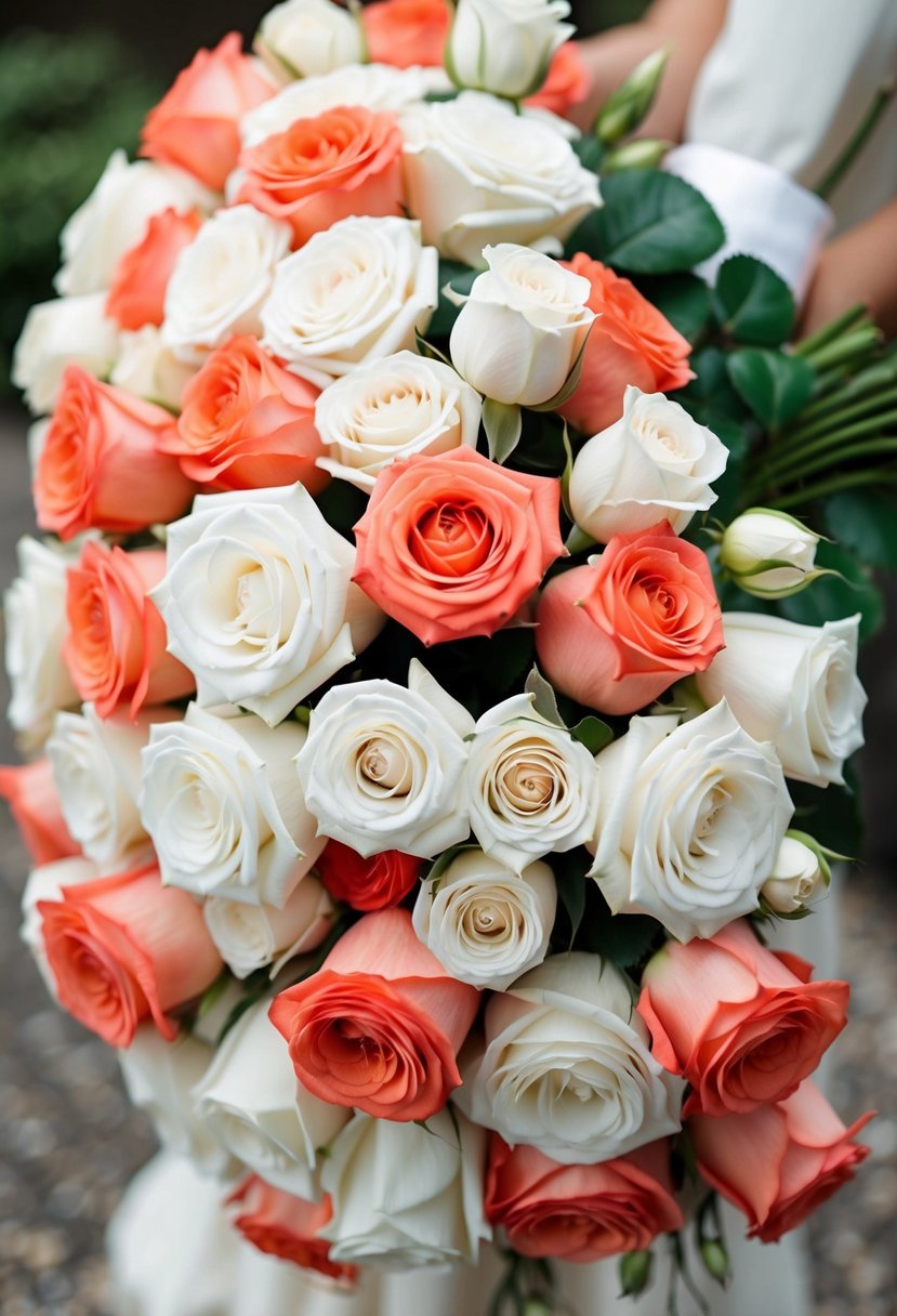 White and coral roses tumble in a cascading wedding bouquet