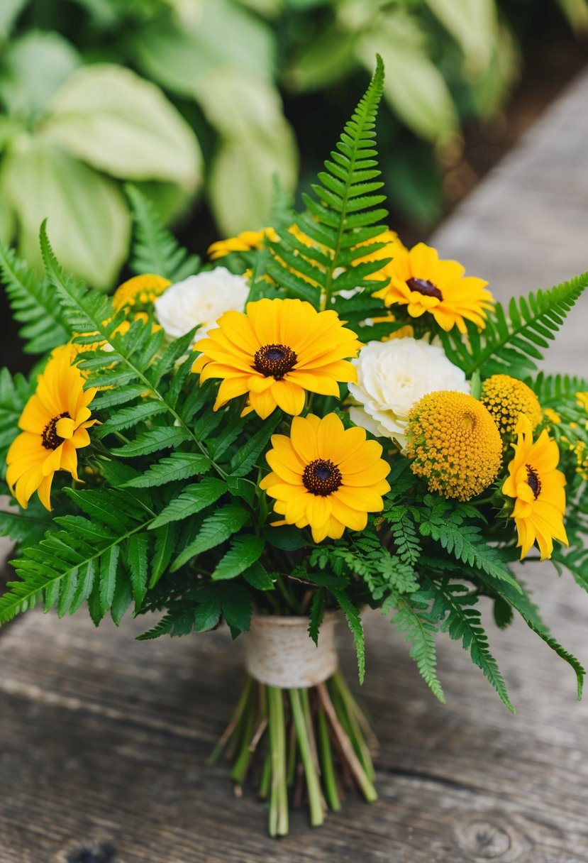 Vibrant yellow Rudbeckias and lush green ferns arranged in a rustic wedding bouquet