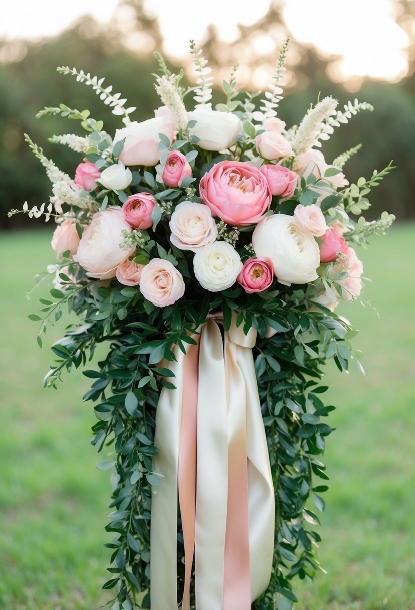 A cascading bouquet of silk flowers in various shades of pink and white, accented with greenery and tied with a satin ribbon