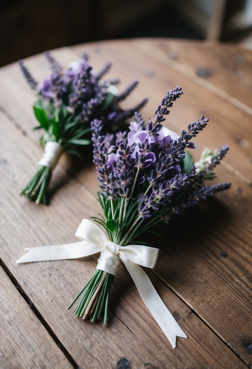 A delicate boutonnière of lavender and buttonholes, tied with a satin ribbon, rests on a rustic wooden table