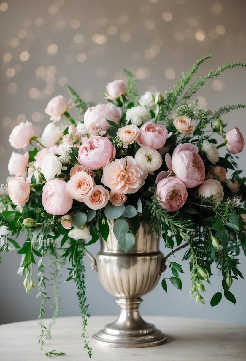 A cascading wedding bouquet of blush pink roses, peonies, and greenery spilling over a vintage silver vase