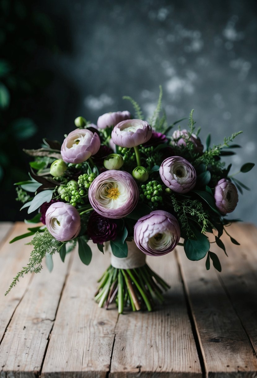 A lush bouquet of moody mauve ranunculus, accented with deep greenery, sits on a rustic wooden table