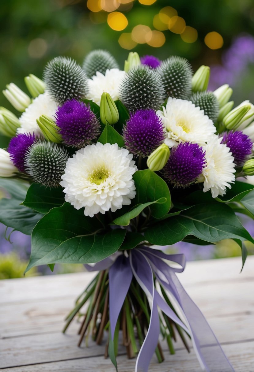 A lush bouquet of alstroemerias and thistles in shades of white, purple, and green, tied with a flowing ribbon