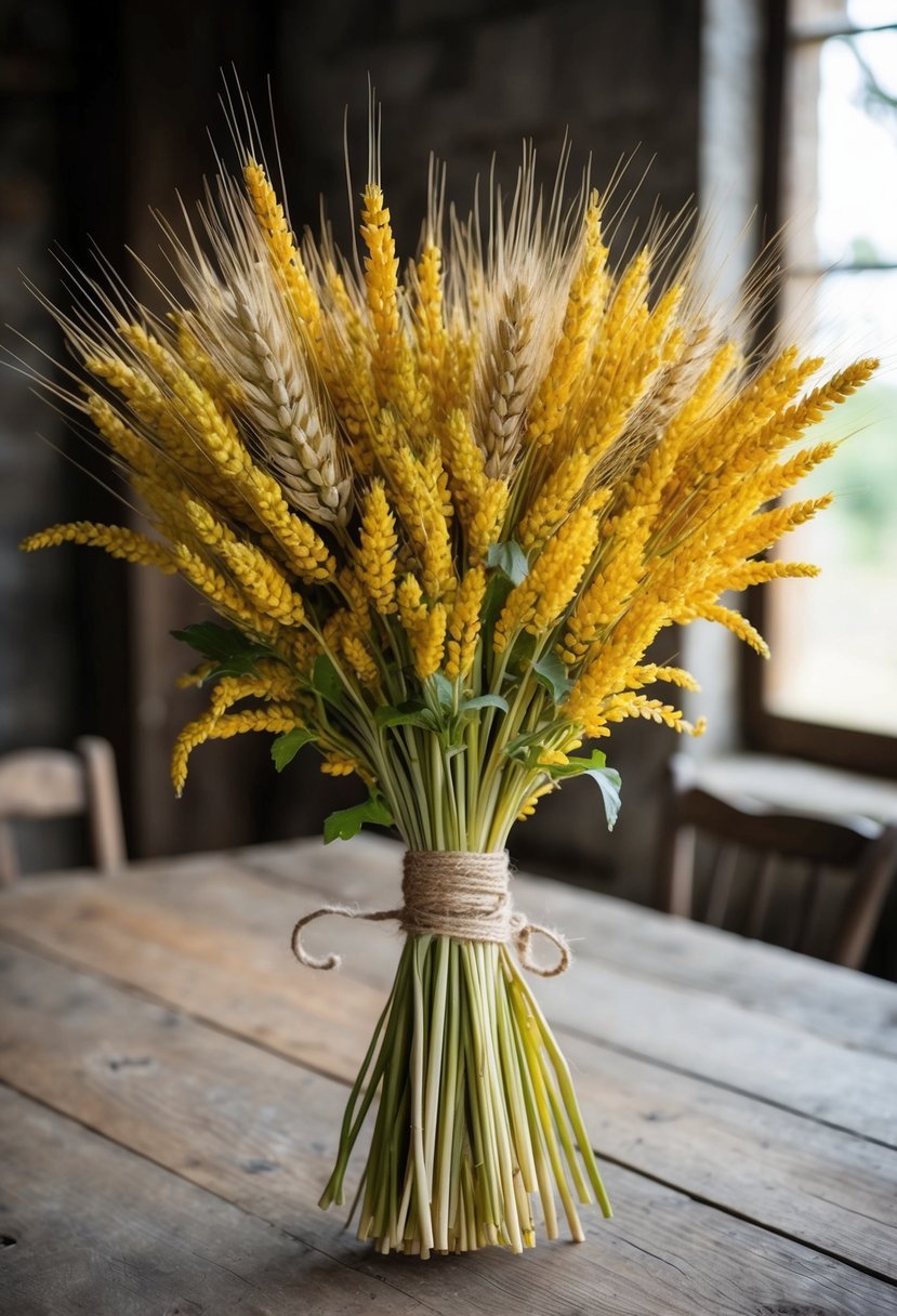 A cascading bouquet of goldenrod and wheat stems, bound with twine, rests on a rustic wooden table