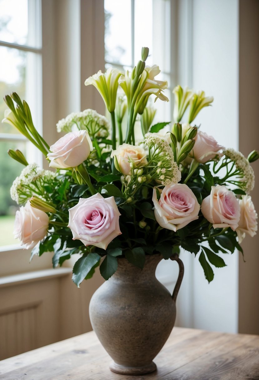 A lush bouquet of garden roses and agapanthus, arranged in a rustic vase on a wooden table, with soft natural light streaming in from a nearby window