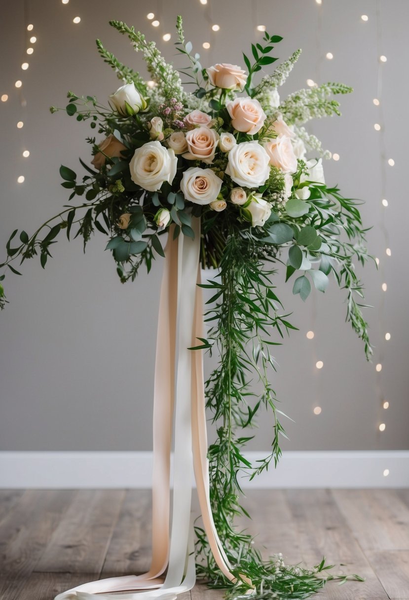 A cascading wedding bouquet featuring Chorale Rose and Austin Rose blends, with delicate greenery and trailing ribbons