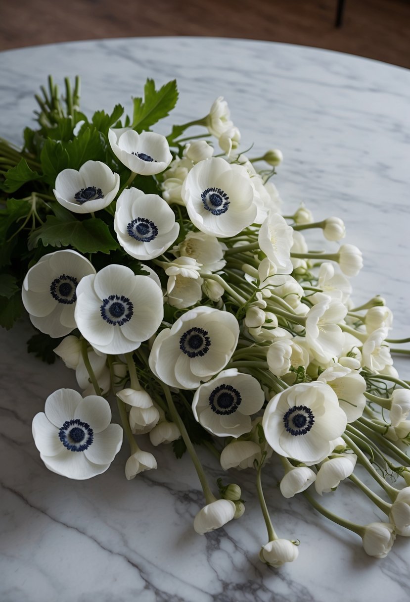 A cascading bouquet of all-white anemones spills over a marble table, with delicate petals and long stems flowing gracefully downwards