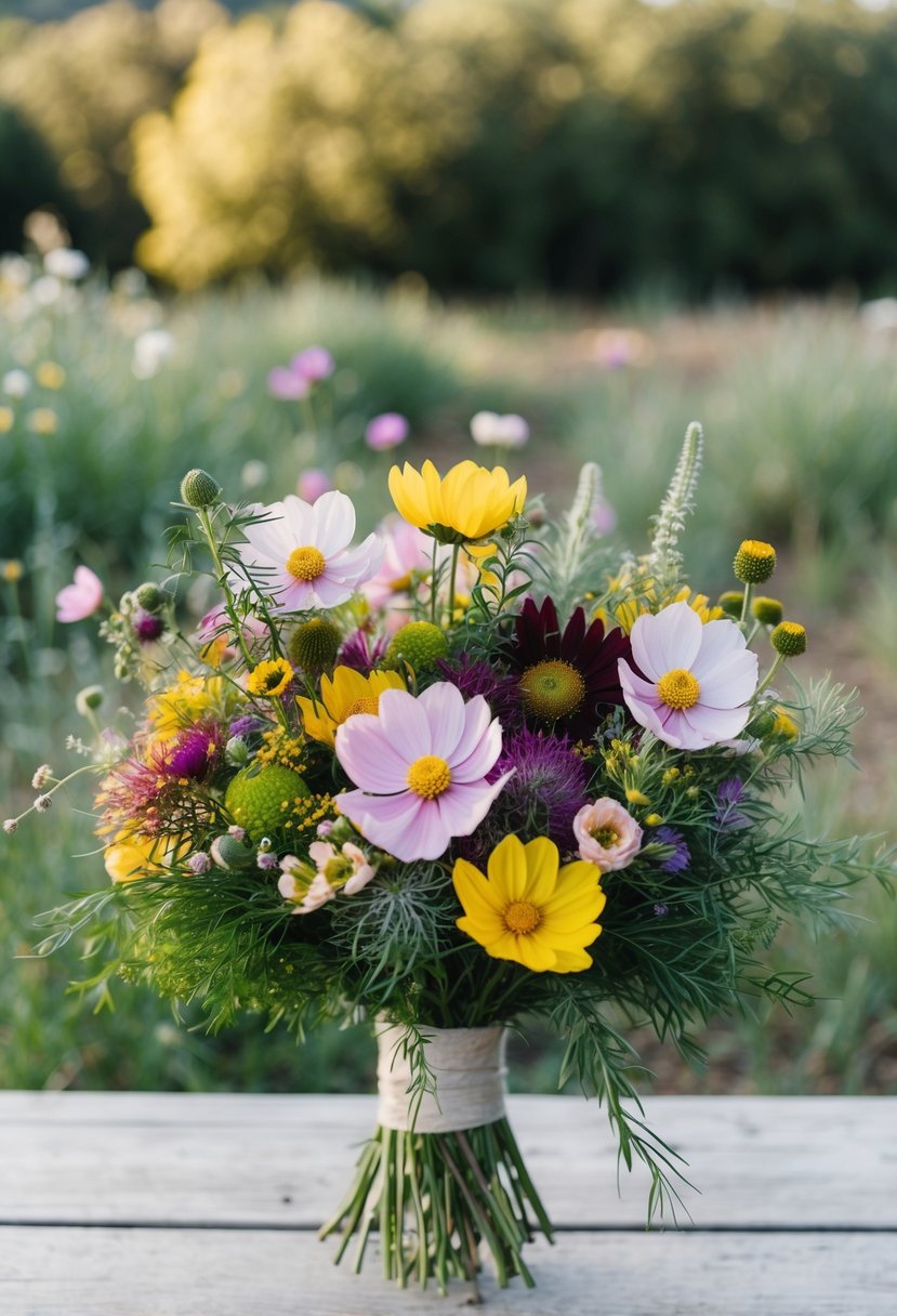 A vibrant mix of cosmos, wildflowers, and greenery arranged in a rustic bouquet for a September wedding