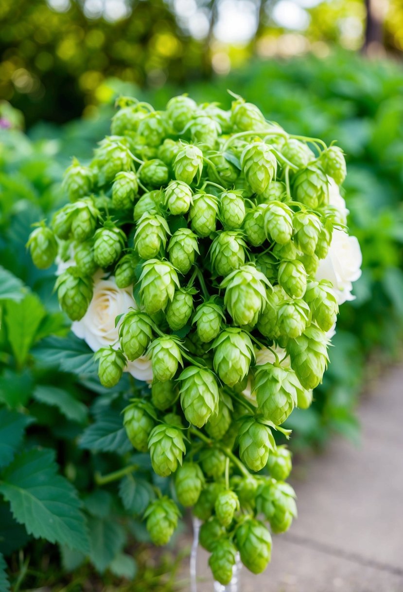 Lush green hops vines cascade from a wedding bouquet, surrounded by vibrant greenery